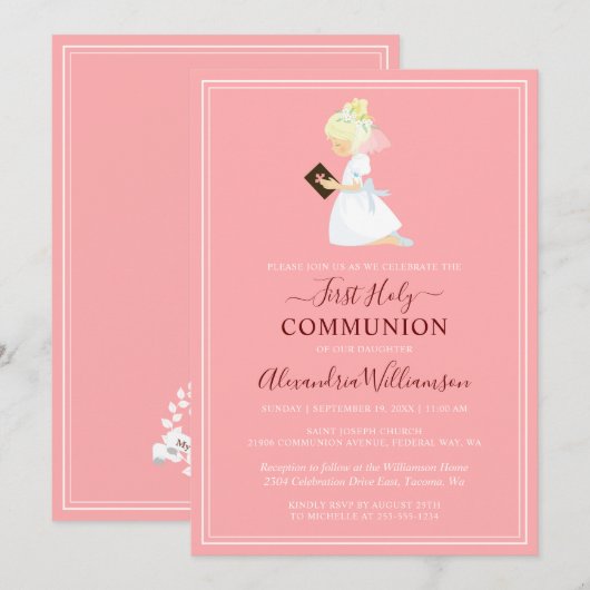 Invitation Première Communion Blonde Girl Peach rose (Devant / Derrière)