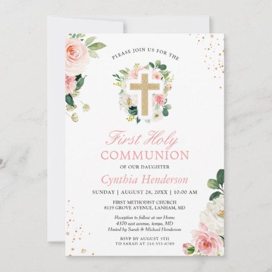 Invitation Première Communion Blush rose Floral Parties scint (Devant)