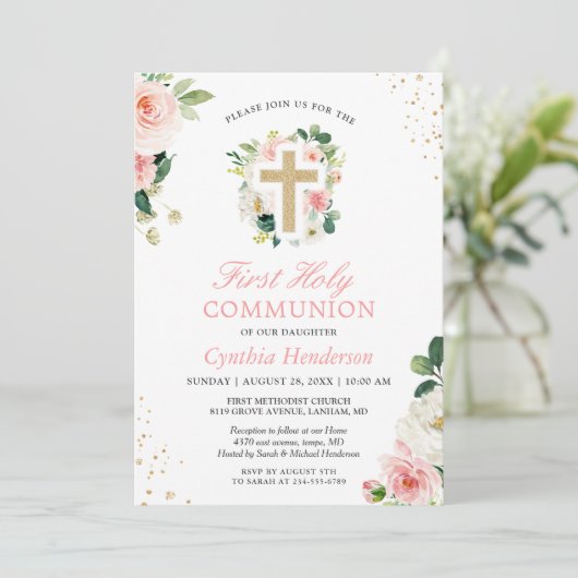 Invitation Première Communion Blush rose Floral Parties scint (Debout devant)