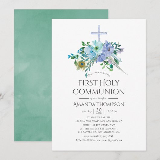 Invitation Première communion Bohème verte menthe et bleue (Devant / Derrière)