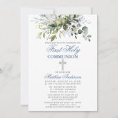 Invitation Première communion botanique Silver Dusty Blue (Devant)