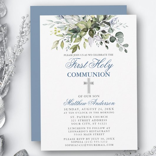 Invitation Première communion botanique Silver Dusty Blue