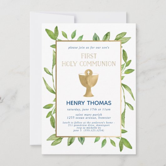 Invitation Première Communion Botanique Verdure Aquarelle (Devant)