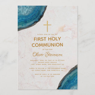Invitation Première communion Boy Blue Geode Marble Gold Cros