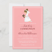 Invitation Première communion Brunette Girl Pink (Devant)