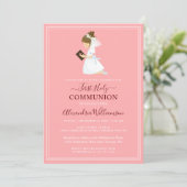 Invitation Première communion Brunette Girl Pink (Debout devant)