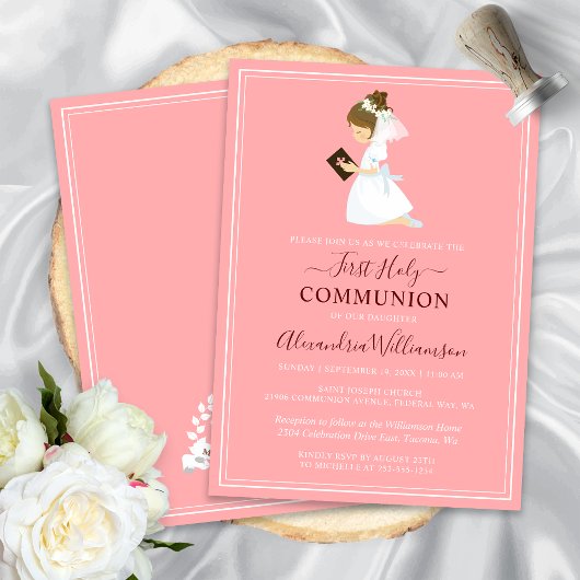 Invitation Première communion Brunette Girl Pink