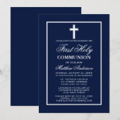 Invitation Première communion cadre bleu marine blanc (Devant / Derrière)