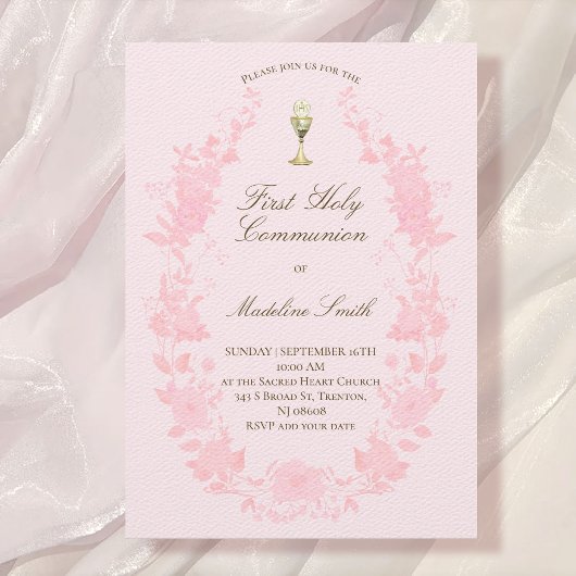 Invitation première communion cadre floral rose