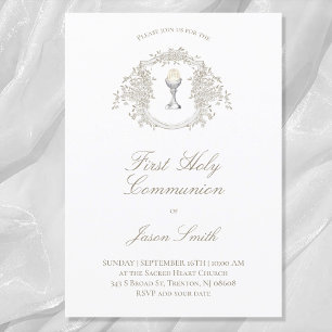 Invitation première communion catholique chalice beige gris c
