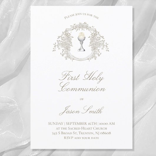 Invitation première communion catholique chalice beige gris c