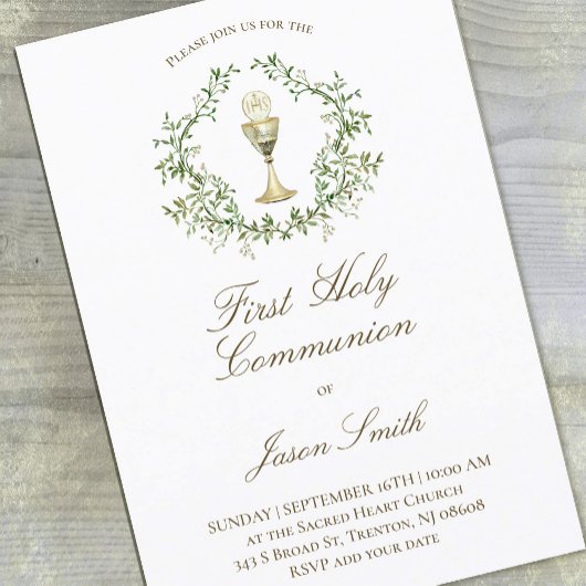 Invitation première communion catholique chalice crête verte