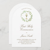 Invitation première communion catholique chalice verte couron (Devant / Derrière)