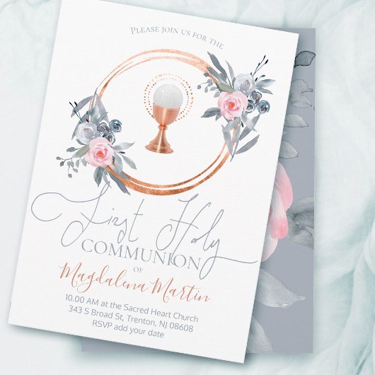 Invitation première communion catholique décoration florale