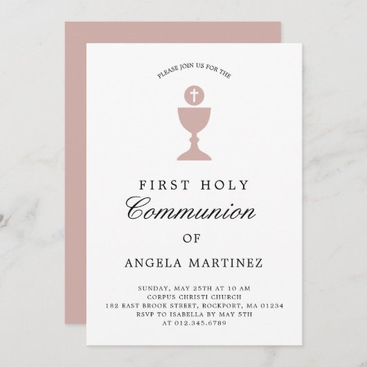 Invitation Première communion catholique Dusty rose blanc (Devant / Derrière)