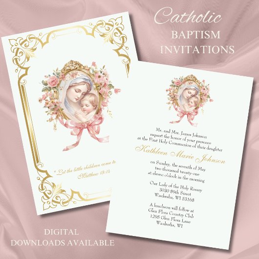 Invitation Première communion catholique Marie Jésus rose