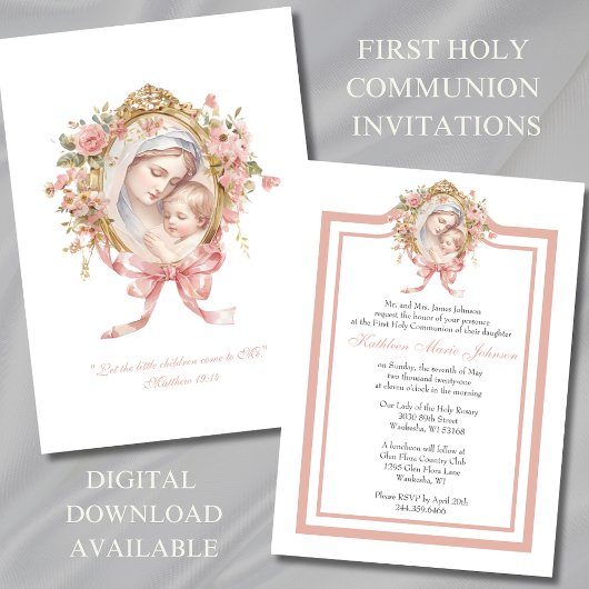 Invitation Première communion catholique Marie Jésus rose
