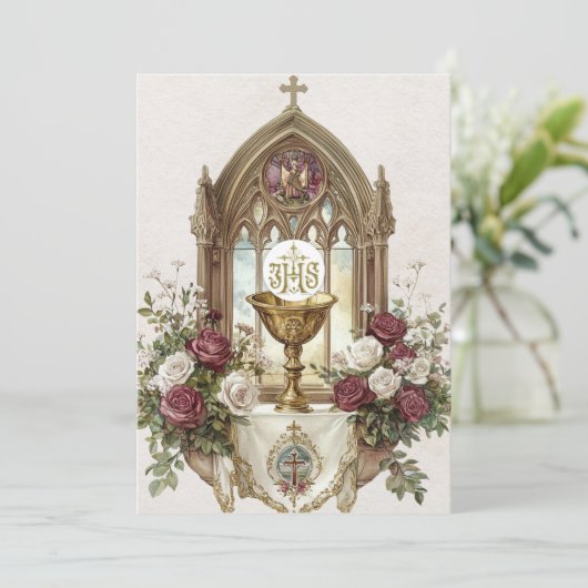 Invitation Première Communion Chalice Hôte Bourgogne Roses Bl (Debout devant)