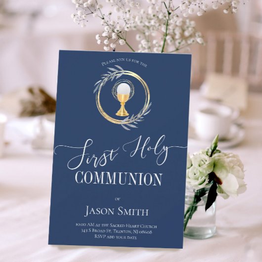 Invitation Première communion classique bleu et faux or
