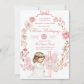 Invitation Première communion Coquette ruban blanc et rose I (Devant)