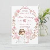 Invitation Première communion Coquette ruban blanc et rose I (Debout devant)