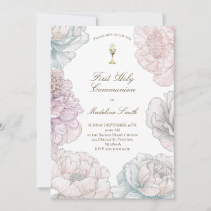 Invitation première communion couleurs pastel pivoines 