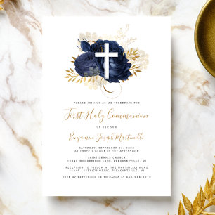 Invitation Première communion croix bleu marine or floral