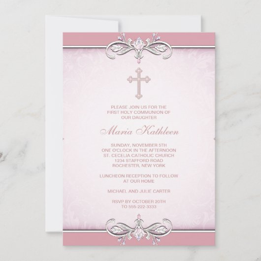 Invitation Première communion croix damassée rose (Devant)