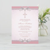 Invitation Première communion croix damassée rose (Debout devant)