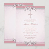 Invitation Première communion croix damassée rose (Devant / Derrière)