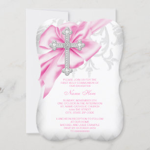 Invitation Première communion croix damassée rose