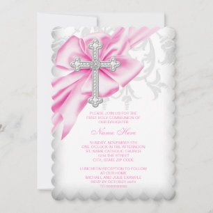 Invitation Première communion croix damassée rose