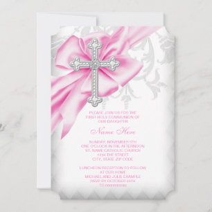 Invitation Première communion croix damassée rose