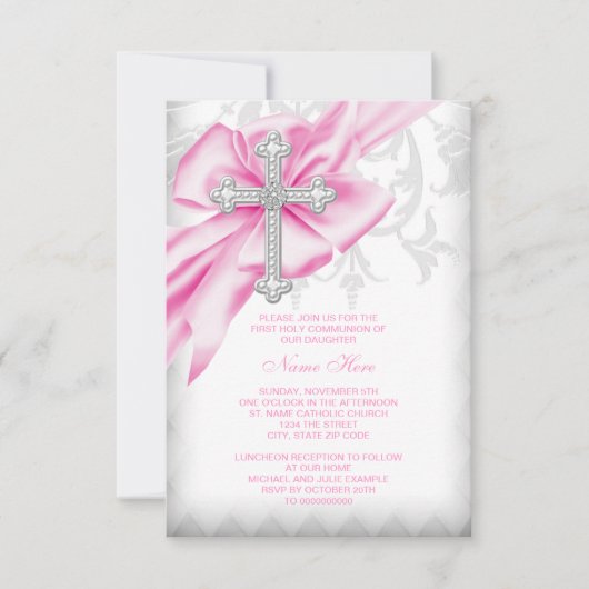 Invitation Première communion croix damassée rose (Devant)