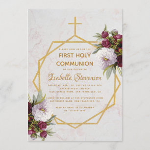 Invitation Première communion Croix d'or Burgundy Peonies Mar