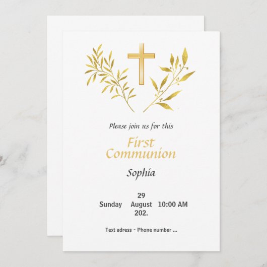 Invitation Première Communion - Croix feuillage ou (Devant / Derrière)