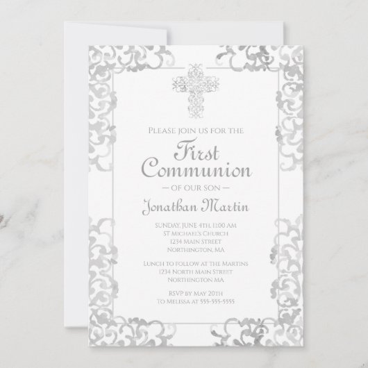Invitation Première communion Croix gris Damask Christian Boy (Devant)