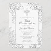 Invitation Première communion Croix gris Damask Christian Boy (Devant / Derrière)