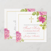Invitation Première communion Croix or rose Roses Floral (Devant / Derrière)