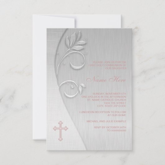 Invitation Première communion croix rose et grise (Devant)
