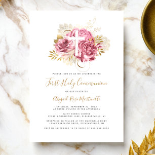 Invitation Première communion croix rose or floral