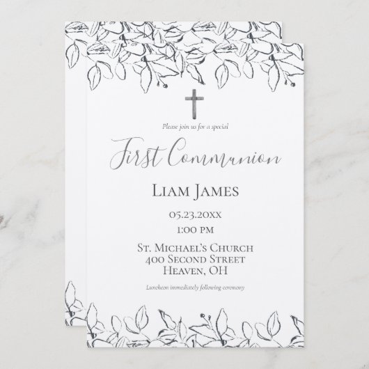 Invitation Première communion Croix tirée main (Devant / Derrière)