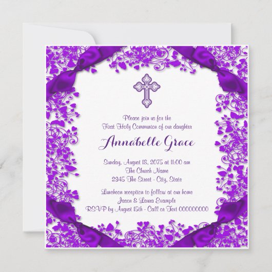 Invitation Première communion Croix Violette (Devant)