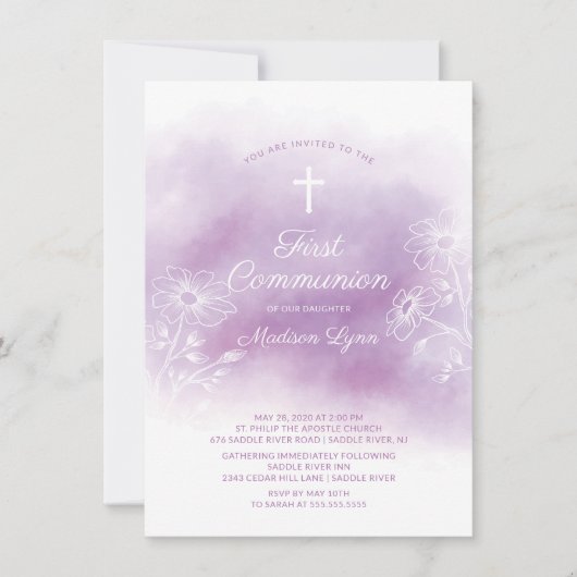 Invitation Première communion d'aquarelle pourpre (Devant)