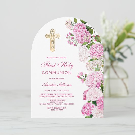 Invitation Première communion d'Arc d'Hydrangée rose (Debout devant)