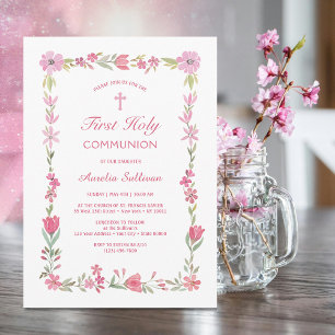 Invitation Première communion de cadre floral rose