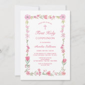 Invitation Première communion de cadre floral rose (Devant)