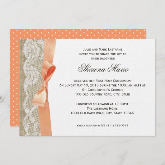 Invitation Première communion de Coral Bow et Burlap (Devant / Derrière)
