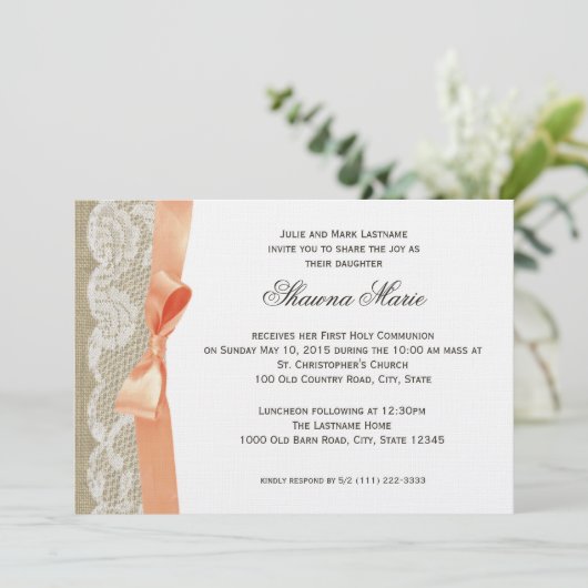 Invitation Première communion de Coral Bow et Burlap (Debout devant)