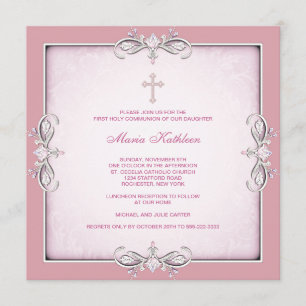 Invitation Première communion de damassé de croix de rose